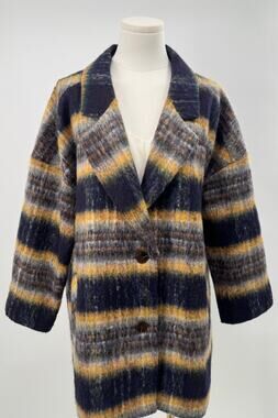 Gorman Plaid Wool Cocoon Coat Navy Yellow Stripe Overcoat Jacket 12 L